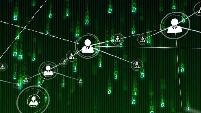 Animation of binary code and network connections on green digital background