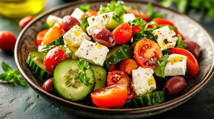 A vibrant and colorful Mediterranean salad with fresh feta cheese and vegetables