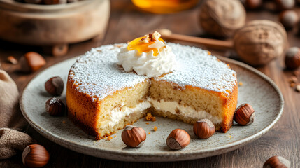 Delicious Hazelnut Cake Sliced and Topped with Cream on a Textured Plate Surrounded by Nuts