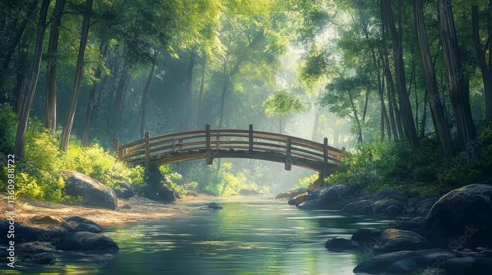 Poster Serene wooden bridge arching over a calm stream in a sun-dappled forest.