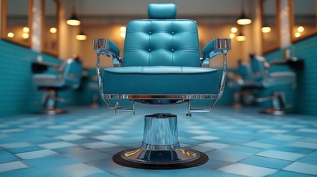 An empty teal barber chair is centered in a hair salon