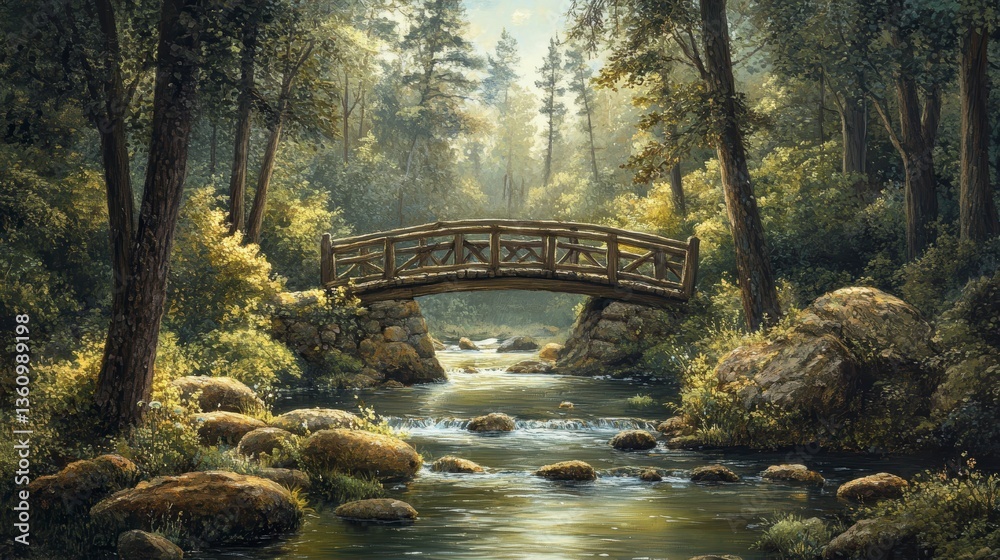Poster serene forest scene with wooden bridge over a flowing stream.