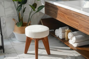 Cozy wooden stool in a modern bathroom with fresh towels and potted plant in morning light