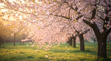 Cherry blossom trees in golden light - serenity and spring - greeting card