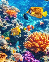 Fototapeta premium Vibrant coral reef teeming with diverse colorful fish, showcasing a healthy underwater ecosystem. Perfect for marine biology, travel, or nature documentaries.