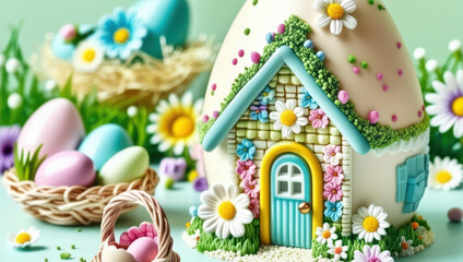 Easter Eggs Arranged In The Shape Of A House, Creating A Whimsical And Festive Holiday Composition. A Unique And Playful Easter Decoration On A Bright, Cheerful Background.