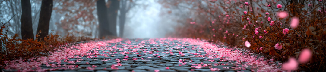 Fototapeta premium a cobblestone path covered in pink cherry blossom petals,