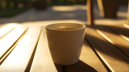 Coffee cup on a wooden table, radiating warmth and simplicity, evoking a sense of calm and morning serenity
