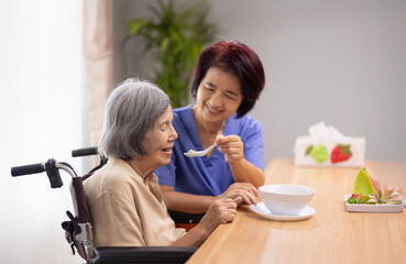 Caregiver feeding elderly asian woman with soup.