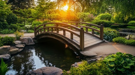 Fototapeta premium Serene sunset view of a wooden bridge over a pond in a lush garden.