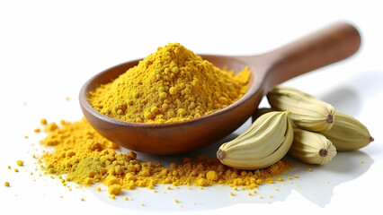 Fragrant Green Cardamom Powder Elegantly Presented in Exotic Wooden Serving Spoon on White Background