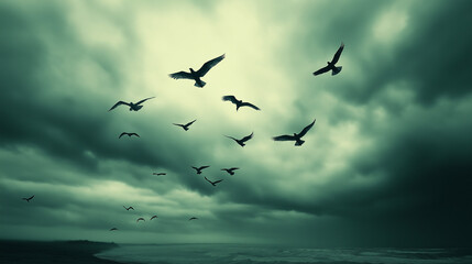 Fototapeta premium Birds soaring over a tranquil landscape with looming clouds, symbolizing global health threats and virus spread.