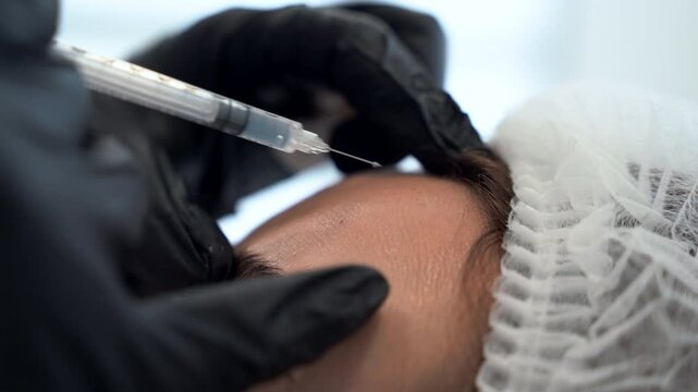 Beautician doctor makes botulinum toxin injection in the forehead of young beautiful woman. Close up 4k shot