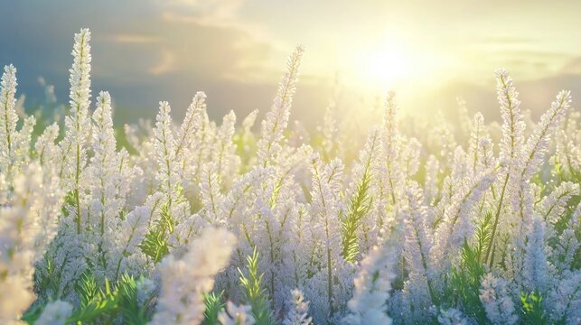 Serene Sunrise Over Blooming White Flowers in Lush Green Field with Soft Sunlight and Gentle Breeze