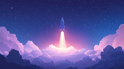 Rocket Launching into Starry Night Sky, A rocket launching into a starry night sky, surrounded by colorful clouds