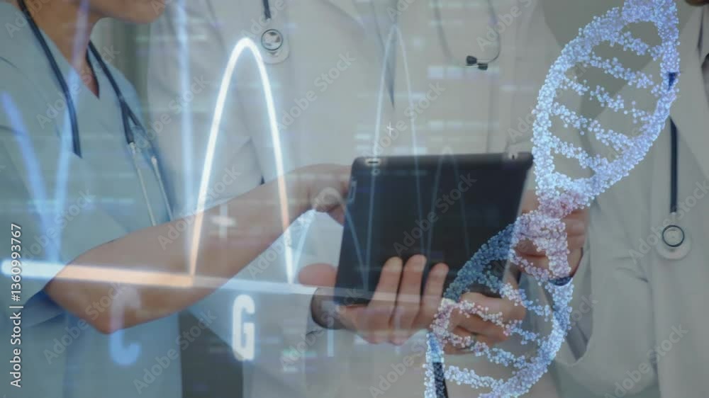 Poster doctors using tablet with dna strand and data processing animation overlay