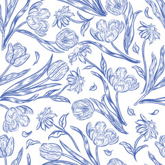 Seamless pattern of tulip and rudbeckia flower. Spring flowers. Blue and white.