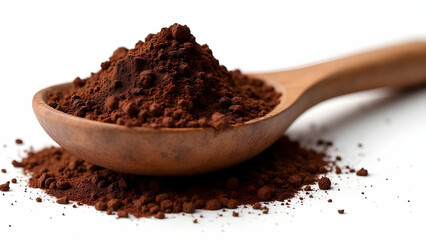 Rich Dark Cocoa Powder Nestled in Handcrafted Wooden Spoon on Clean White Background