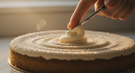 Cake decoration closeup - culinary precision and care - food blog or baking tutorial