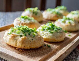 Freshly Baked Chive Biscuits with Butter Spread Captured Angled on Wooden Tray in Soft Southern Morning Glow