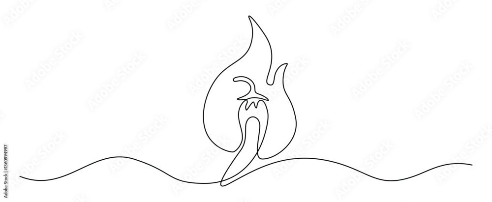 Poster red chili pepper in one continuous line drawing. hot mexican spice in simple linear style. editable 