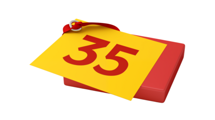 A yellow tag with the number thirty five on a red box item