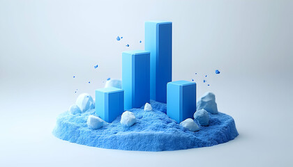 Abstract Blue bars rise from a textured blue surface with rocks