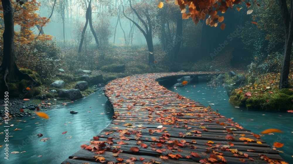 Poster Wooden path across stream in misty autumn forest.