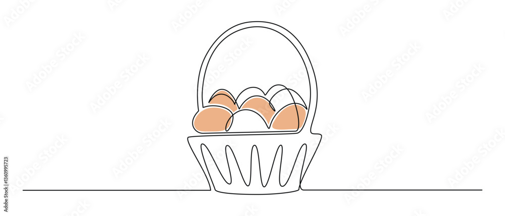 Fototapete basket with easter eggs in one continuous line drawing. greeting banner design in simple linear styl