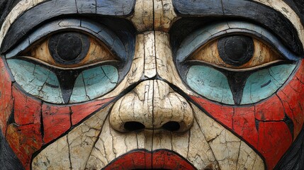 Close-up of a weathered, intricately carved wooden mask depicting a Native American face with vibrant paint.