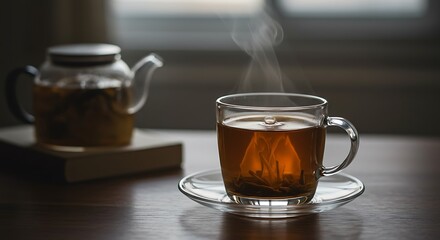 Glass cup of herbal infusion with rising steam - relaxation, cozy mood - lifestyle blogs or stock photography.