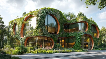 Modern green building with ivy covered walls and large circular windows.