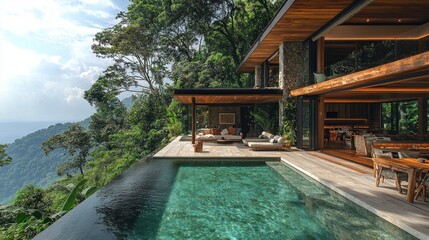 Modern jungle villa with infinity pool and mountain view.