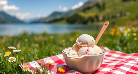  ice cream in a bowl, placed on a picnic blanket in a serene meadow with wildflowers, overlooking a tranquil lake and mountains in the background.