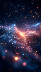 Abstract glowing particles form a wave pattern Soft focus blue and orange light with depth
