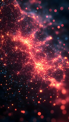 Fototapeta premium Abstract red & blue glowing network of interconnected particles and bokeh blurs