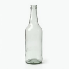An empty, clear glass bottle standing upright against a plain background.