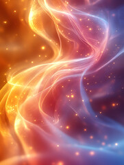 Abstract waves of orange and blue light with scattered golden particles