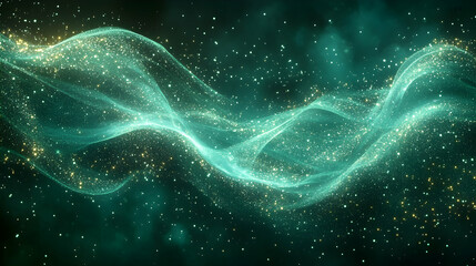 Abstract waves with teal and gold accents against a dark, starry background