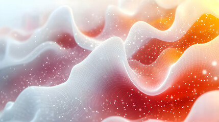 Abstract Wavy, grid-like surface with particles, fading from white to orange/red Digital art with depth