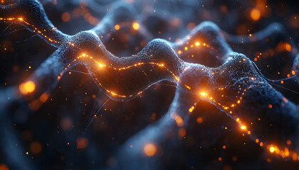 Abstract wavy network with glowing connections and bokeh lights on a textured surface