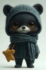 Adorable, big-eyed, cartoon animal with cute outfit on a bright background