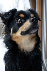 Adorable black and tan dog with expressive eyes gazing upwards in a snowy outdoor setting