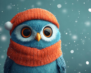 Adorable blue bird with orange knit hat and scarf in snowy weather