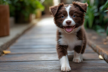 Adorable brown and white puppy joyfully walks on a wooden pathway