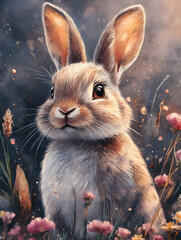 Adorable brown rabbit in flowers