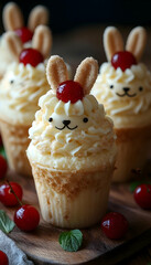 Adorable bunny cupcakes with frosting, cherries, and cute details