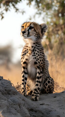 Adorable cheetah cub sits alertly on a small rocky ledge looking off into the distance