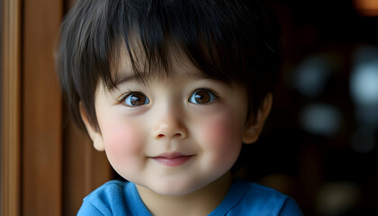 Adorable child with dark hair, gazing wide-eyed and smiling sweetly near a window