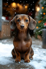 Adorable dachshund puppy in snow